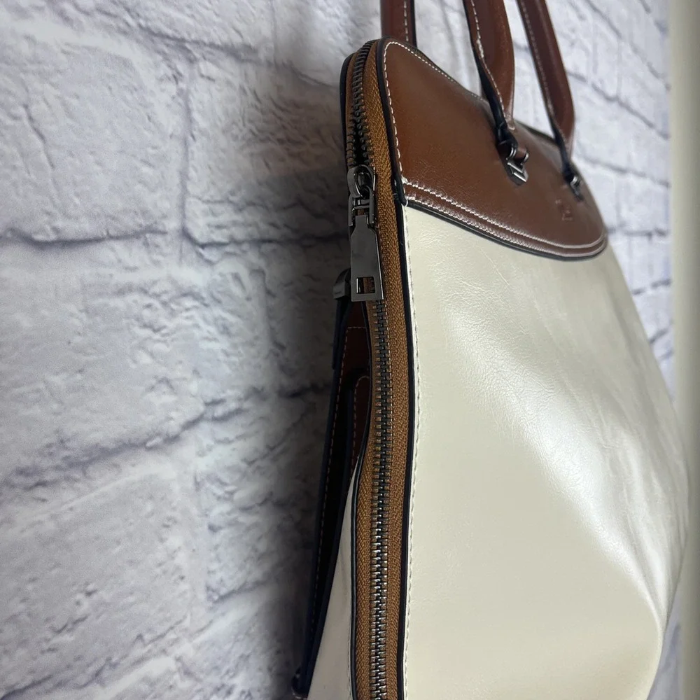 Cluci Leather Color Block Briefcase Laptop Work School Bag Fits 15.6 Laptop